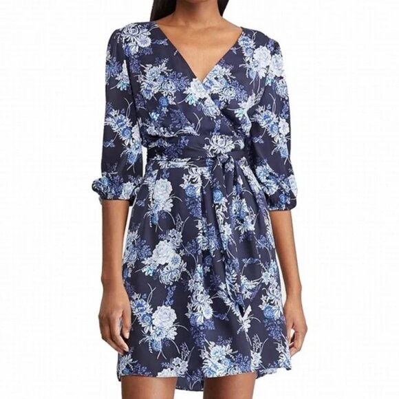 NWT American Living Navy Blue Rose Floral Tie Waist Dress Size 14 - Picture 1 of 9